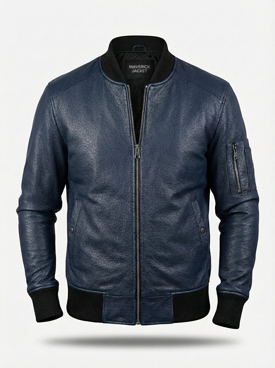 Men's navy blue leather MA-1 bomber jacket with black ribbed knit collar and zippered sleeve utility pocket, Front View. The Stratus by Maverick Jacket.