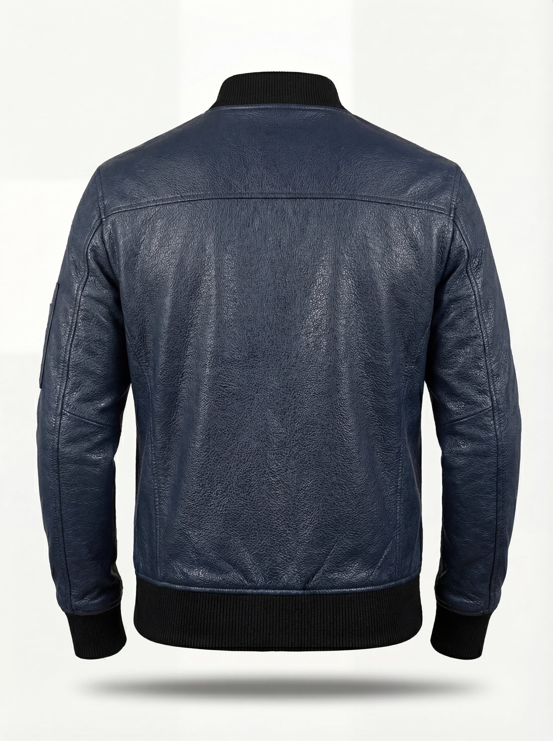 Men's navy blue leather MA-1 bomber jacket with black ribbed knit collar and zippered sleeve utility pocket, Front View. The Stratus by Maverick Jacket.