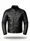 Men's black leather cafe racer jacket with zippered chest pocket and snap-button band collar, Front View. The Zenith by Maverick Jacket.