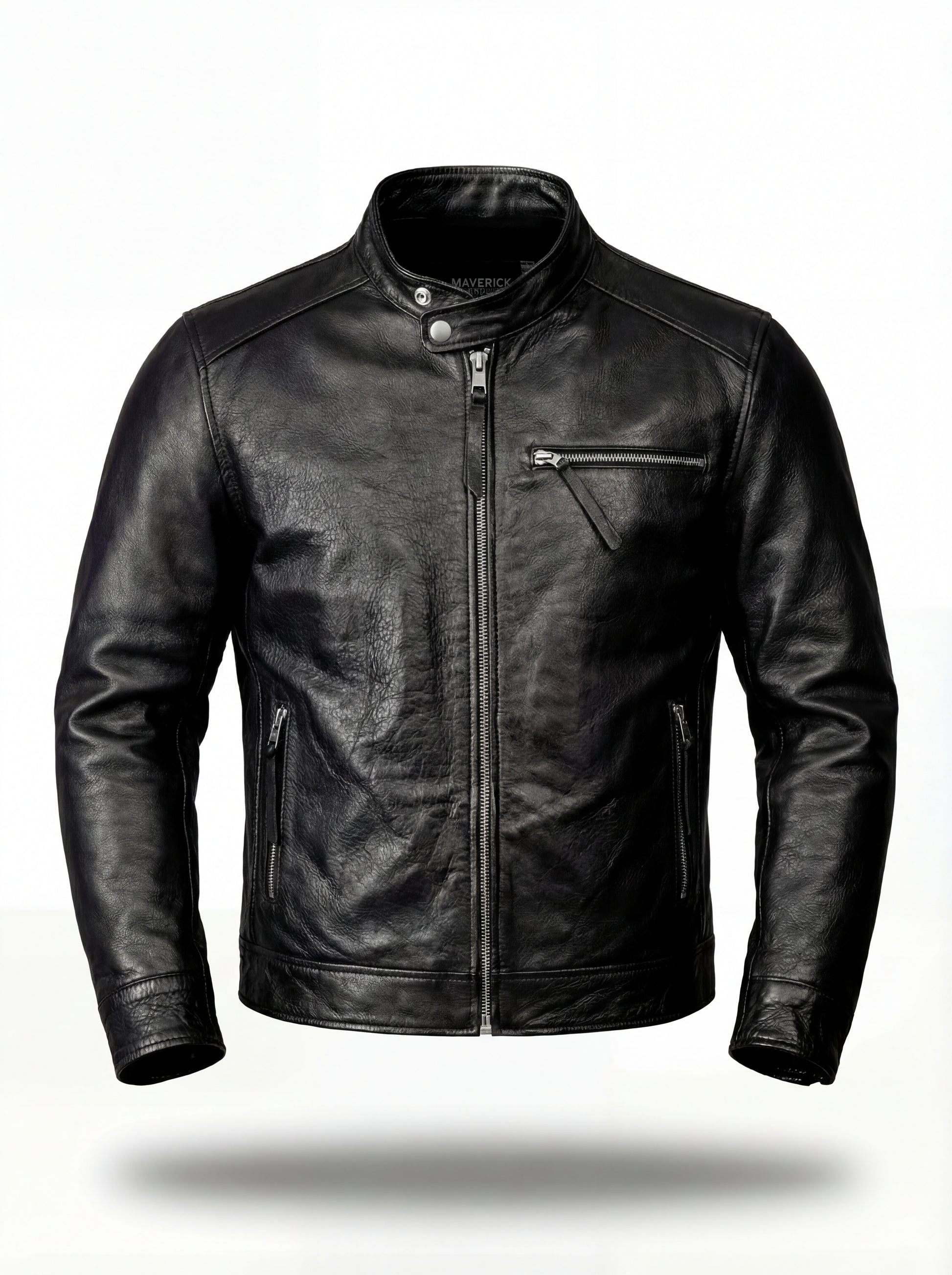 Men's black leather cafe racer jacket with zippered chest pocket and snap-button band collar, Front View. The Zenith by Maverick Jacket.