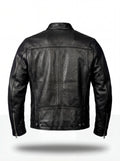 Rear view of black leather cafe racer jacket showing vertical center seam and snap-button waist adjusters. The Zenith by Maverick Jacket.