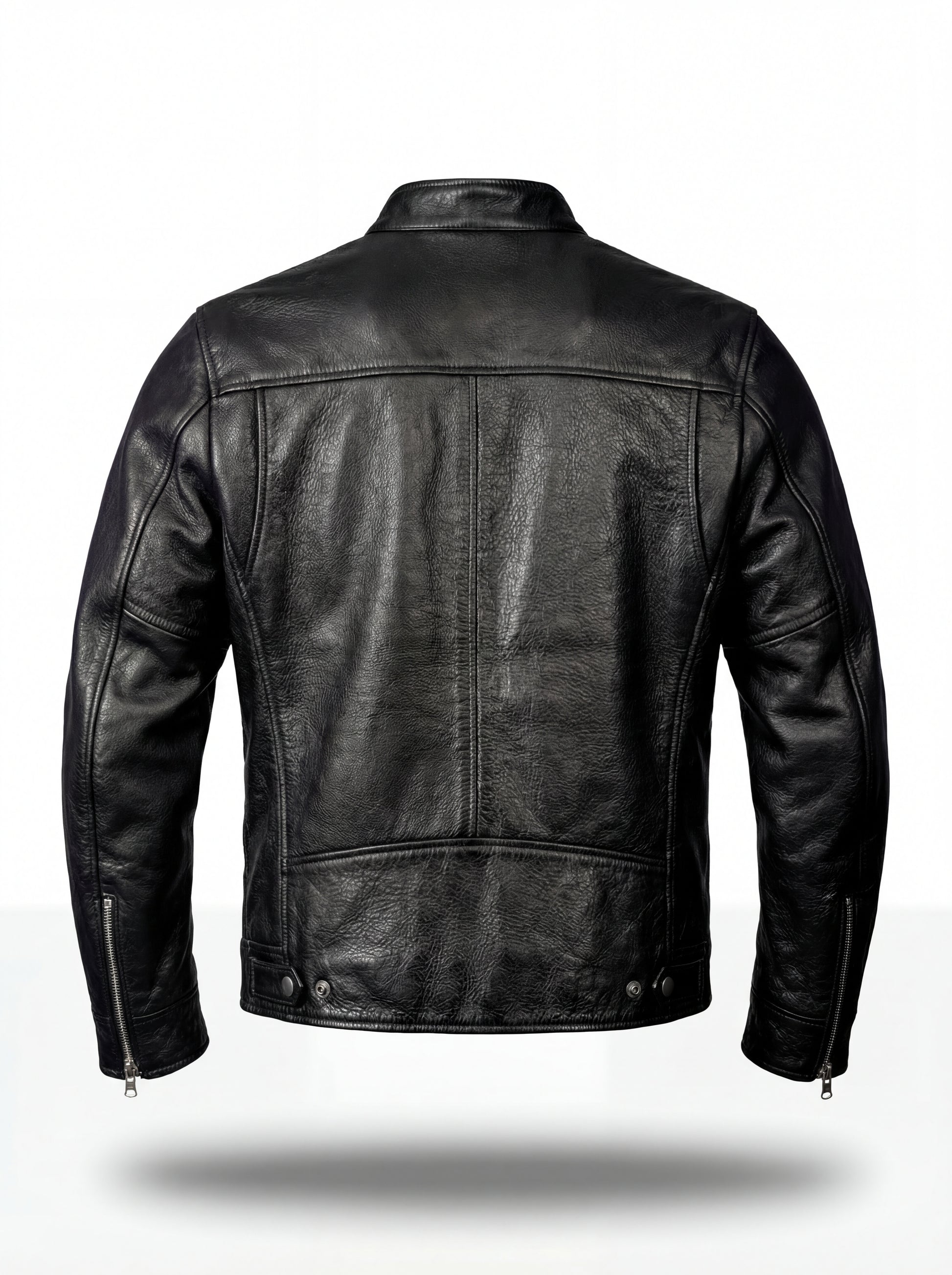 Rear view of black leather cafe racer jacket showing vertical center seam and snap-button waist adjusters. The Zenith by Maverick Jacket.