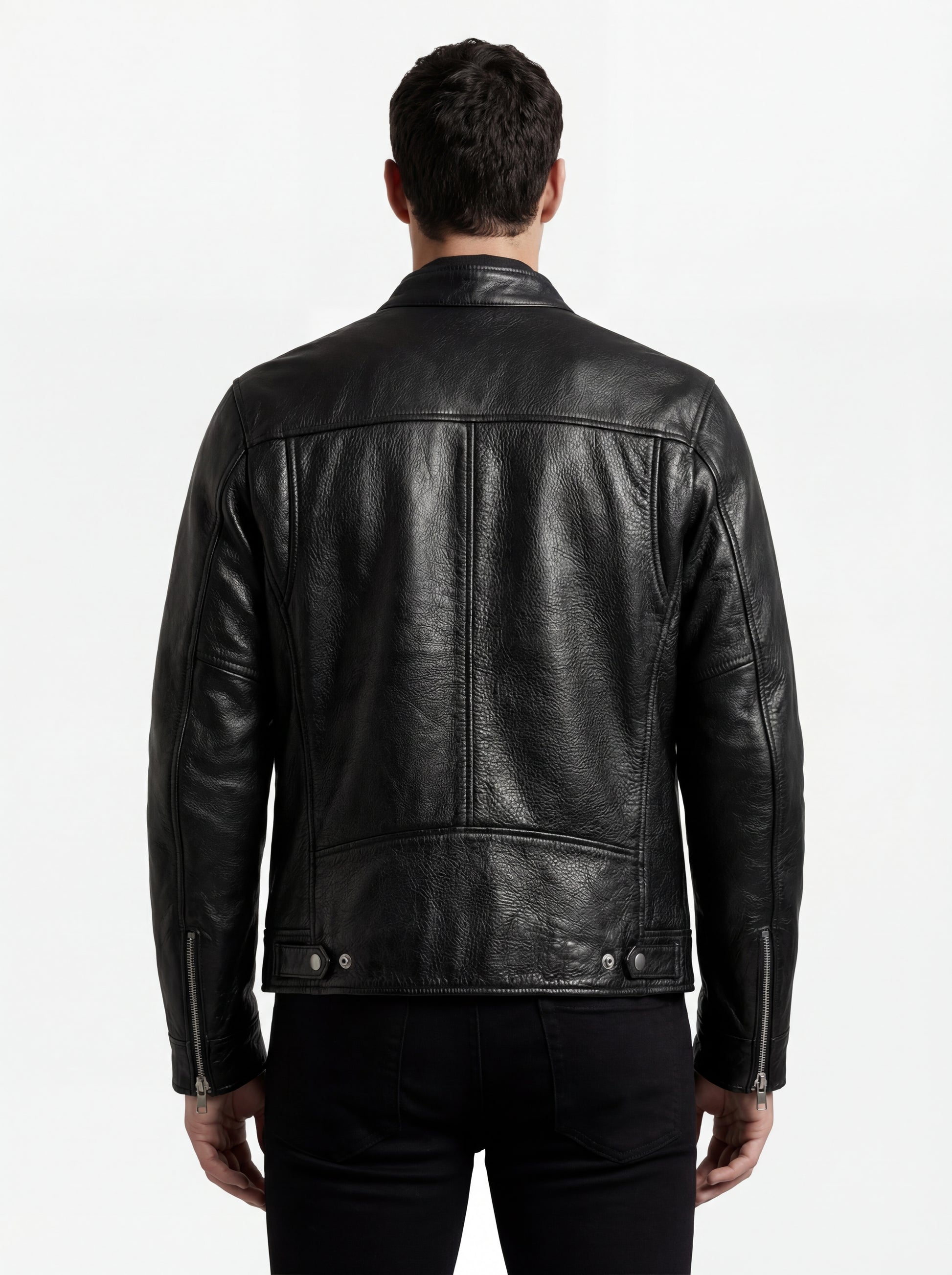 Rear view of male model wearing Maverick Zenith leather cafe racer showing fitted shoulder silhouette and straight hem styling. Maverick Jacket.