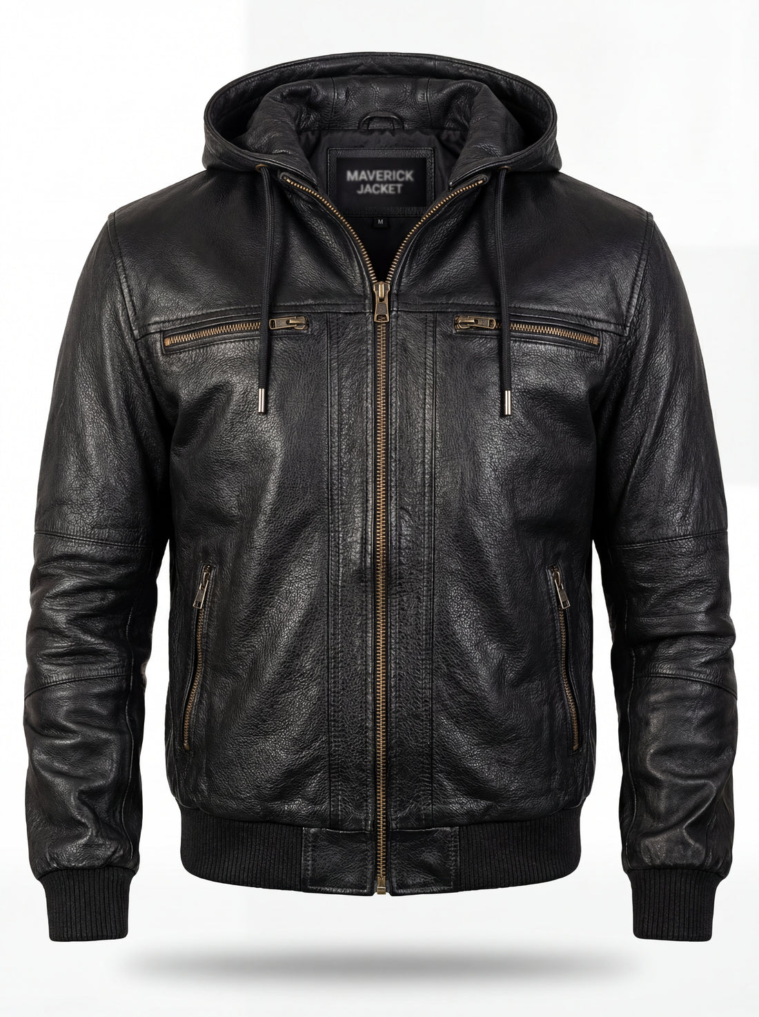 Men's black leather hooded bomber jacket with zippered chest pockets and ribbed knit cuffs, Front View.  The Interceptor by Maverick Jacket.