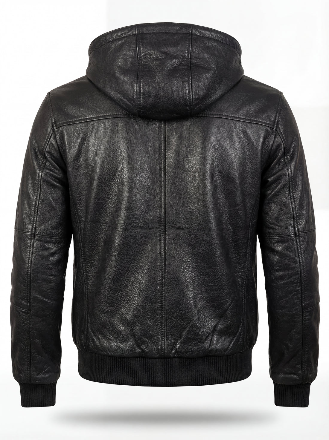 Men's black leather hooded bomber jacket with zippered chest pockets and ribbed knit cuffs, Front View.  The Interceptor by Maverick Jacket.