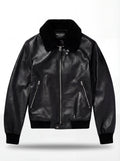 Men's Black Leather Flight Jacket with Fur Collar and center zipper closure, Front View. The Phantom by Maverick Jacket.