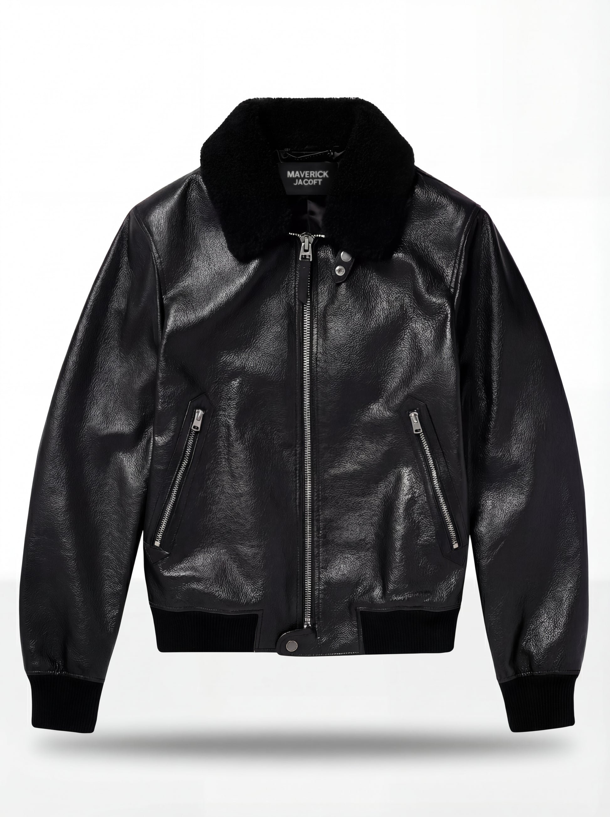 Men's Black Leather Flight Jacket with Fur Collar and center zipper closure, Front View. The Phantom by Maverick Jacket.