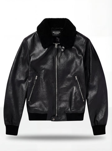 Men's Black Leather Flight Jacket with Fur Collar and center zipper closure, Front View. The Phantom by Maverick Jacket.