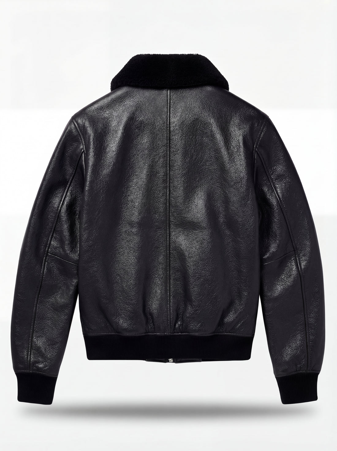 Men's Black Leather Flight Jacket with Fur Collar and center zipper closure, Front View. The Phantom by Maverick Jacket.