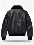 Rear view of Black Leather Flight Jacket showing vertical center seam and adjustable waist tabs. The Phantom by Maverick Jacket.