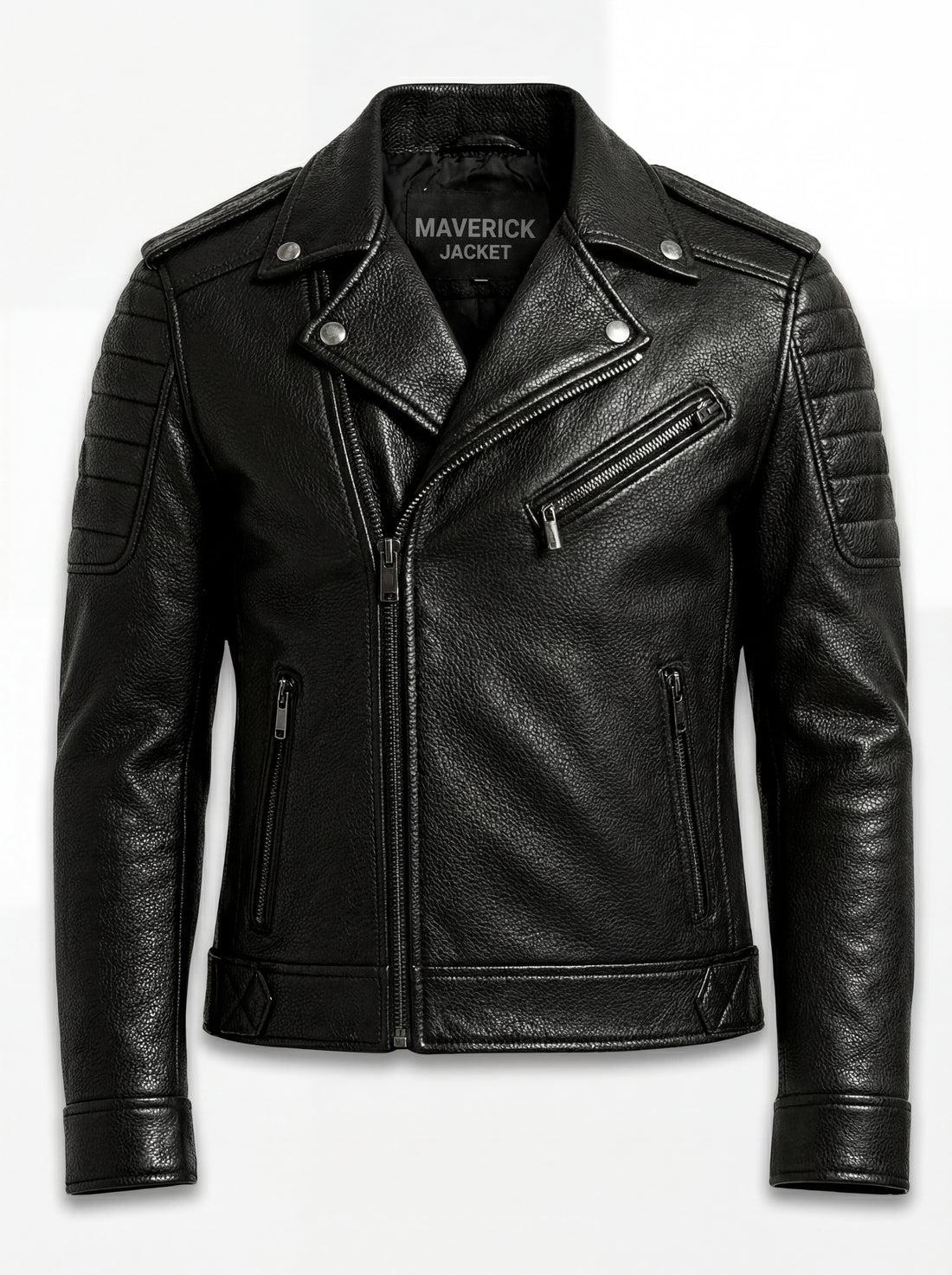 Men's black pebbled leather biker jacket with ribbed shoulder quilting and asymmetrical silver zipper, Front View. The Night Rider by Maverick Jacket.