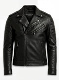 Men's black pebbled leather biker jacket with ribbed shoulder quilting and asymmetrical silver zipper, Front View. The Night Rider by Maverick Jacket.