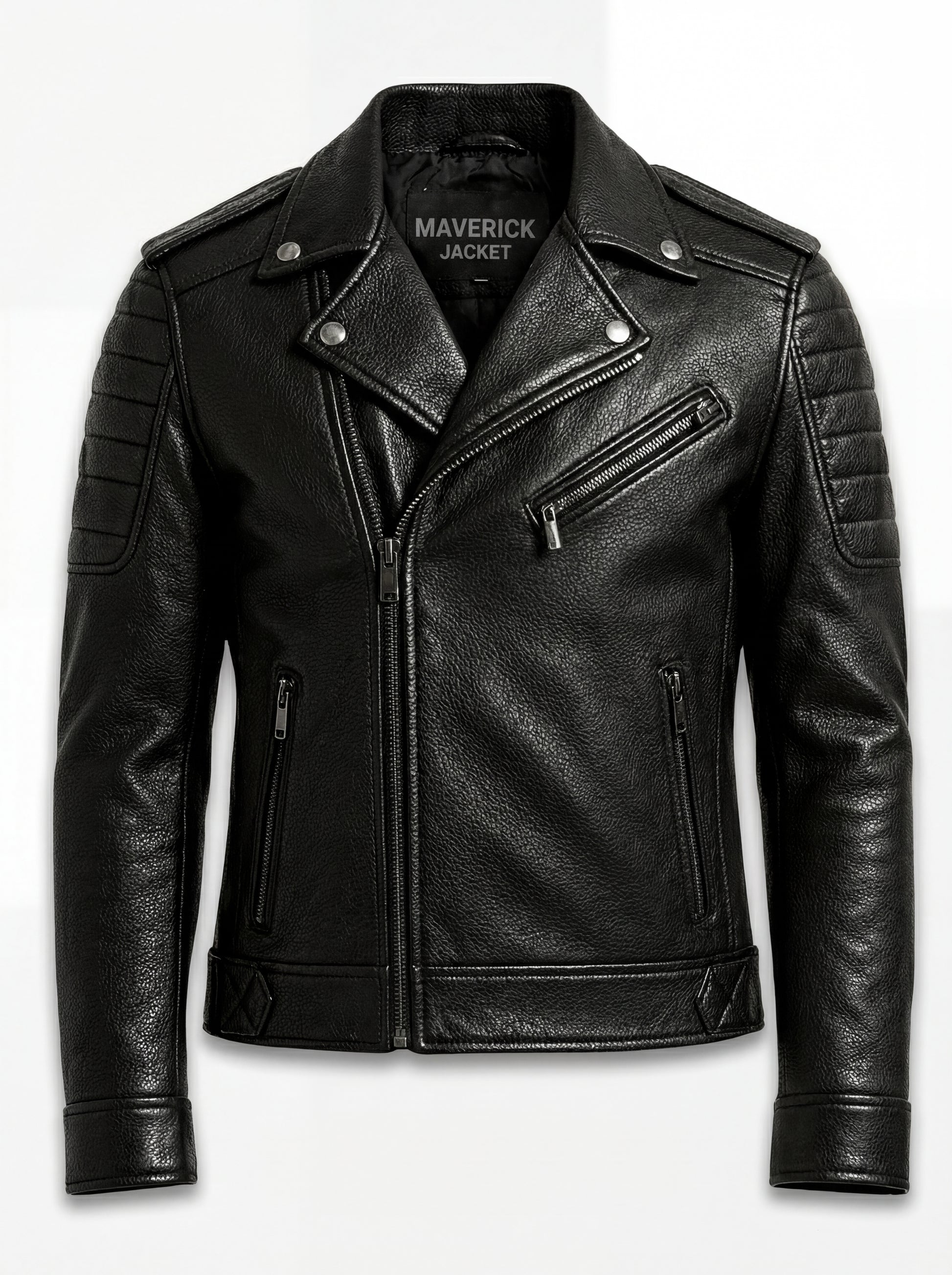Men's black pebbled leather biker jacket with ribbed shoulder quilting and asymmetrical silver zipper, Front View. The Night Rider by Maverick Jacket.
