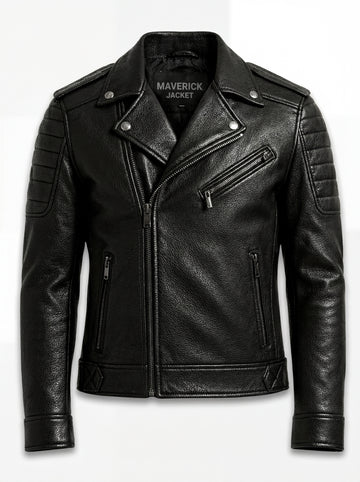 Men's black pebbled leather biker jacket with ribbed shoulder quilting and asymmetrical silver zipper, Front View. The Night Rider by Maverick Jacket.
