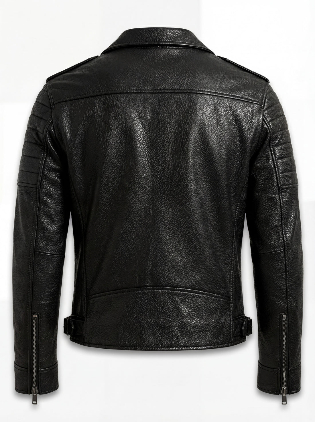 Men's black pebbled leather biker jacket with ribbed shoulder quilting and asymmetrical silver zipper, Front View. The Night Rider by Maverick Jacket.