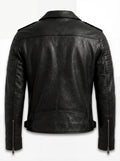 Rear view of black pebbled leather biker jacket showing vertical center seam and ribbed upper arm panels. The Night Rider by Maverick Jacket.