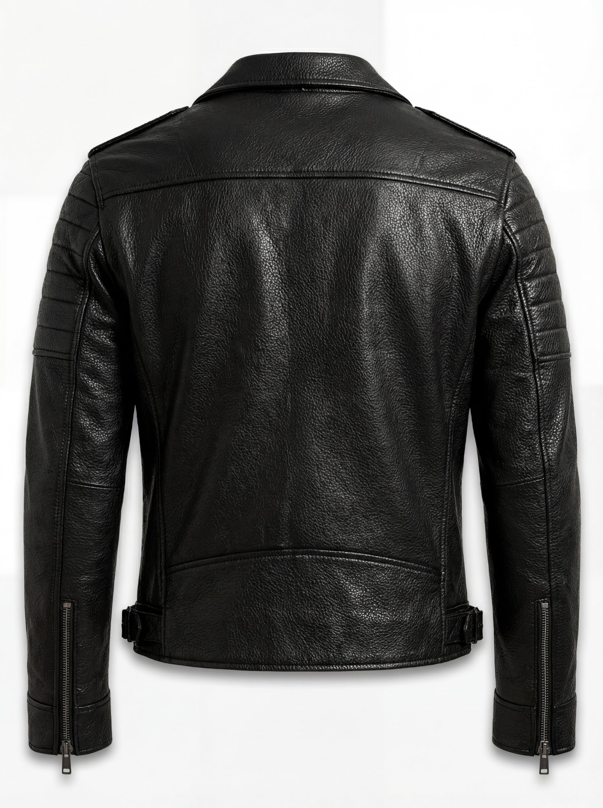 Rear view of black pebbled leather biker jacket showing vertical center seam and ribbed upper arm panels. The Night Rider by Maverick Jacket.