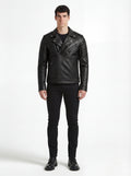 Male model wearing Maverick Night Rider biker jacket, slim fit, styled with black crewneck t-shirt and black skinny jeans. Maverick Jacket.