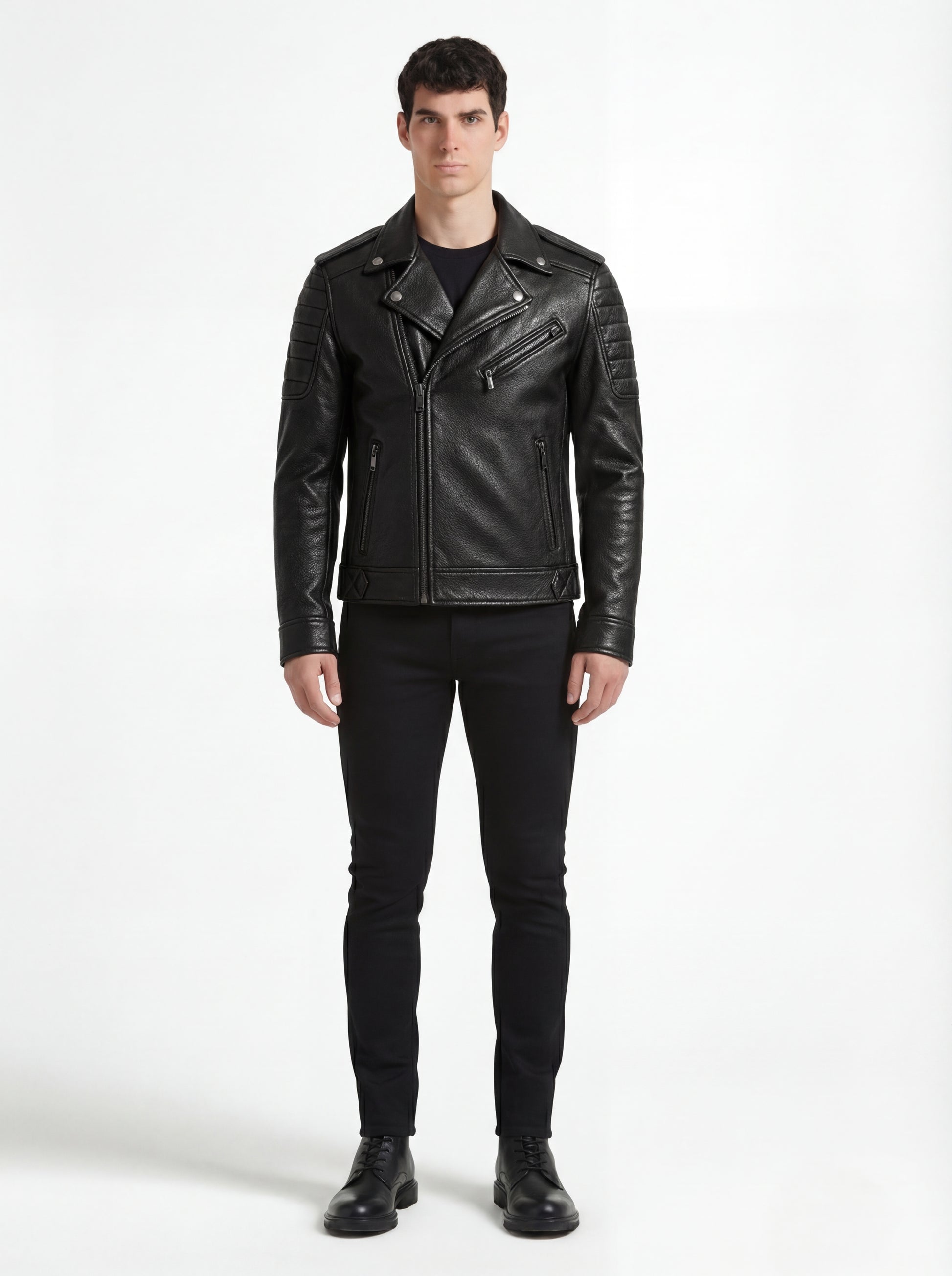 Male model wearing Maverick Night Rider biker jacket, slim fit, styled with black crewneck t-shirt and black skinny jeans. Maverick Jacket.