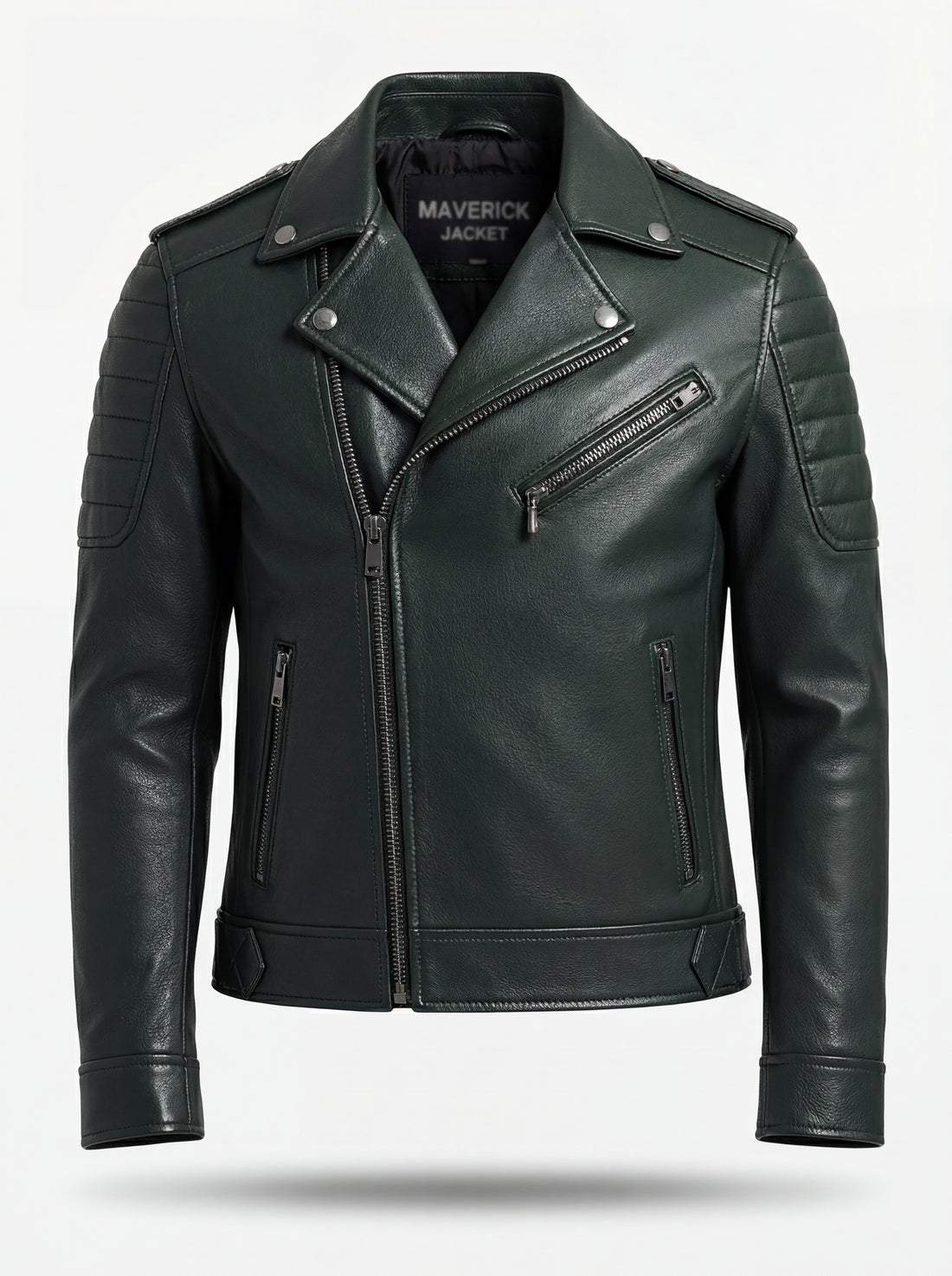 Men's dark green pebbled leather biker jacket with ribbed shoulder panels and asymmetrical silver zipper, Front View. The Rogue by Maverick Jacket.