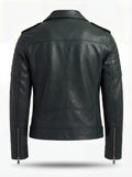 Rear view of dark green pebbled leather biker jacket showing vertical center seam and ribbed upper arm panels. The Rogue by Maverick Jacket.