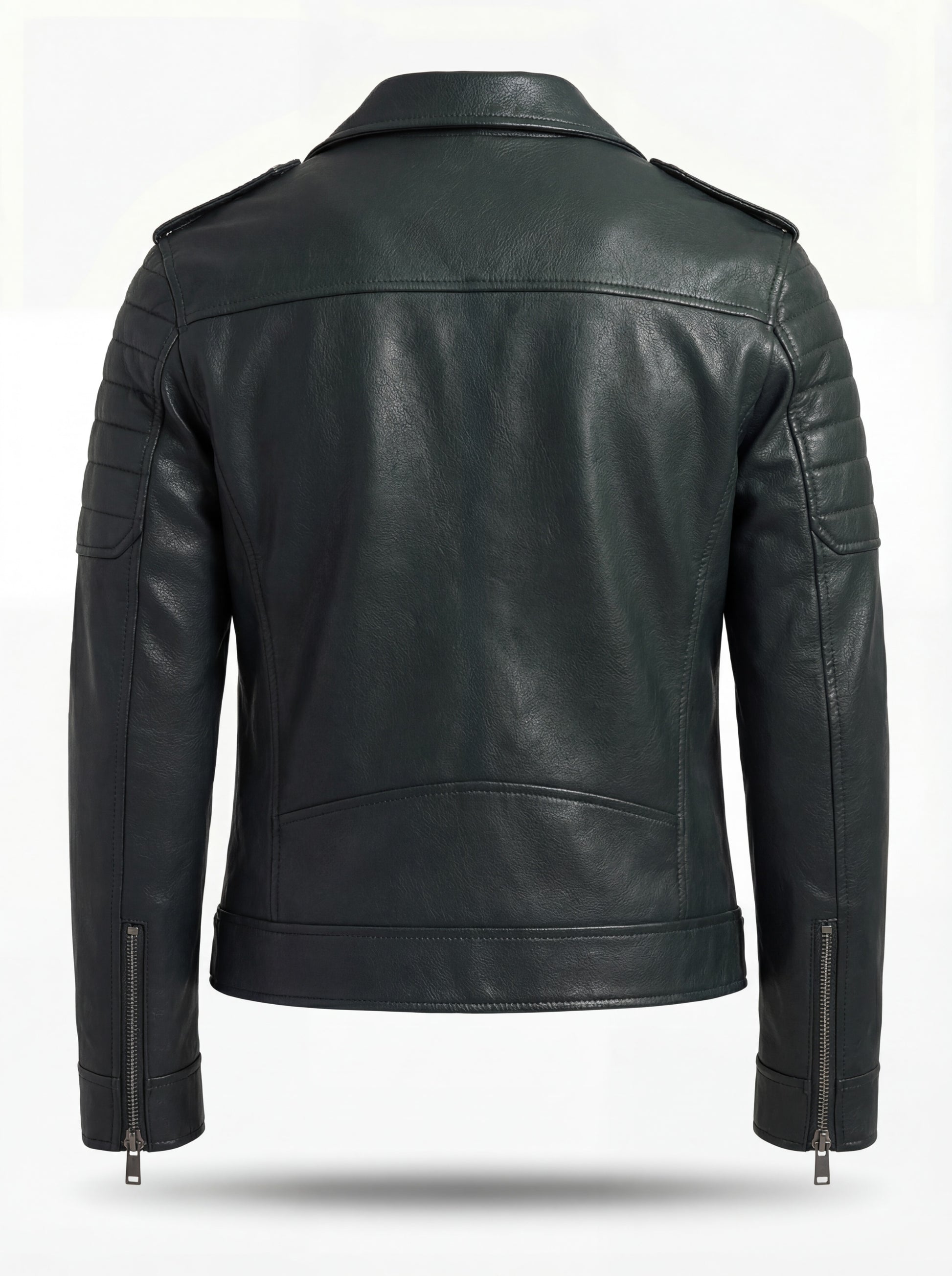 Rear view of dark green pebbled leather biker jacket showing vertical center seam and ribbed upper arm panels. The Rogue by Maverick Jacket.