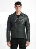 Male model wearing Maverick Rogue biker jacket, slim fit, styled with black crewneck t-shirt and black slim trousers. Maverick Jacket.