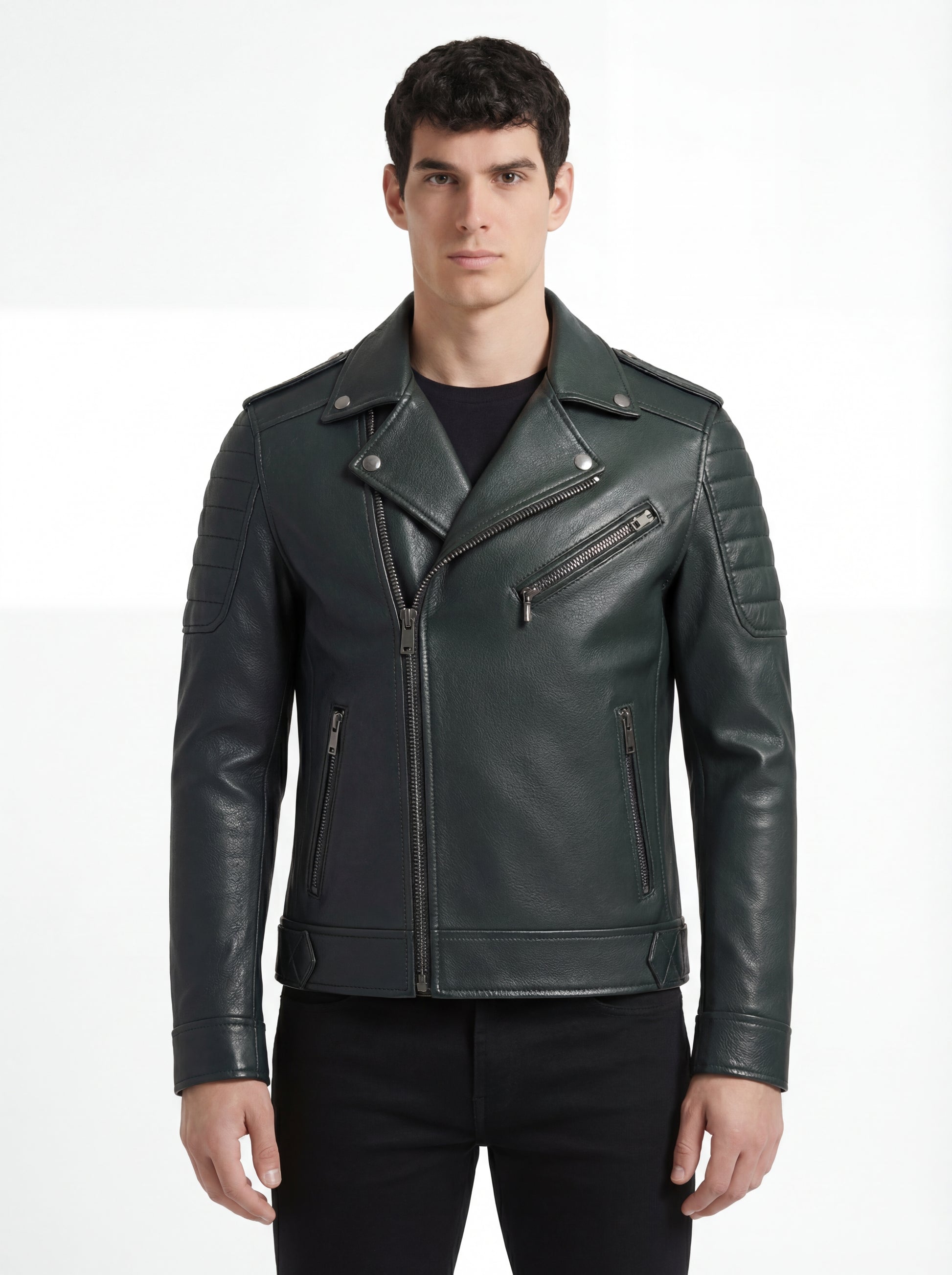 Male model wearing Maverick Rogue biker jacket, slim fit, styled with black crewneck t-shirt and black slim trousers. Maverick Jacket.