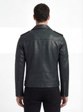 Rear view of male model wearing Maverick Rogue biker jacket showing structured shoulder fit and clean back paneling. Maverick Jacket.
