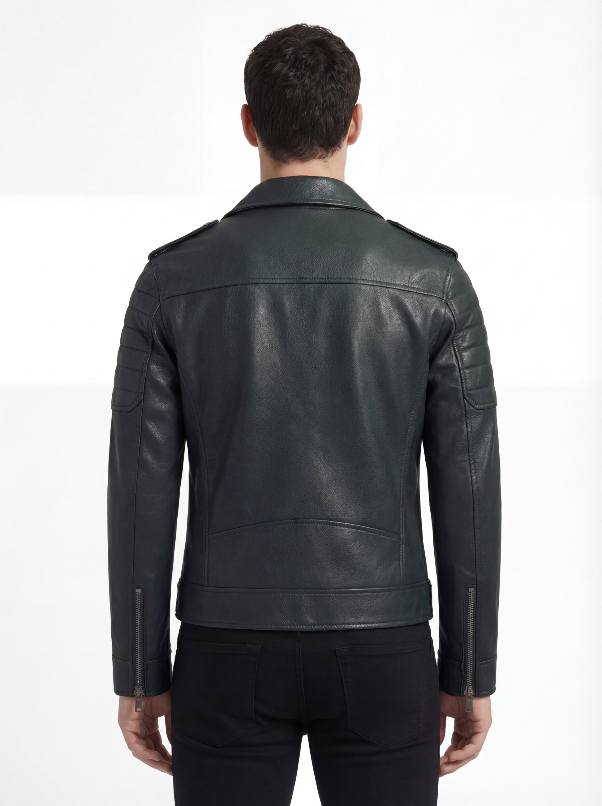Rear view of male model wearing Maverick Rogue biker jacket showing structured shoulder fit and clean back paneling. Maverick Jacket.