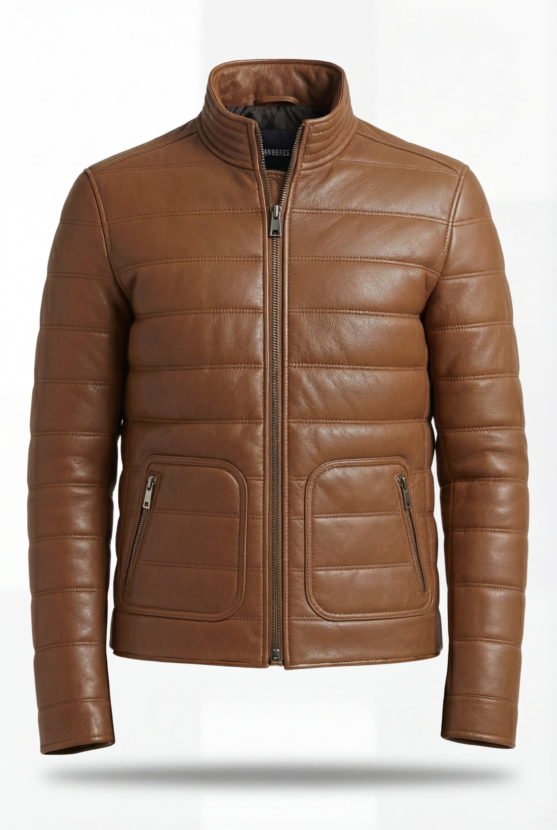 Men's light brown padded leather jacket with horizontal quilted stitching and stand collar, Front View.  The Terrano by Maverick Jacket.