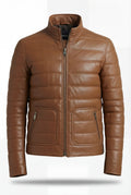 Men's light brown padded leather jacket with horizontal quilted stitching and stand collar, Front View.  The Terrano by Maverick Jacket.