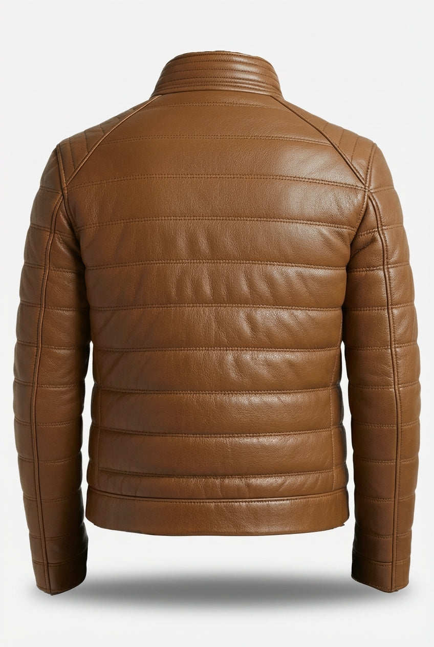 Men's light brown padded leather jacket with horizontal quilted stitching and stand collar, Front View.  The Terrano by Maverick Jacket.