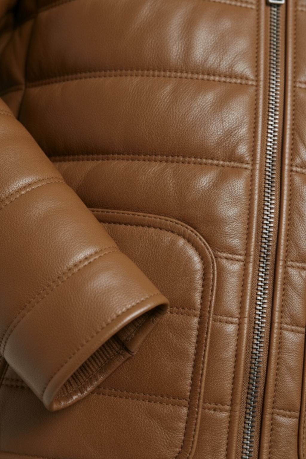 Macro shot of light brown leather grain texture and silver zipper hardware on padded jacket. The Terrano by Maverick Jacket.