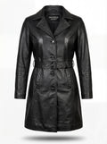 Women's black leather trench coat with belted waist and notched lapels, Front View. Maverick Kensington.