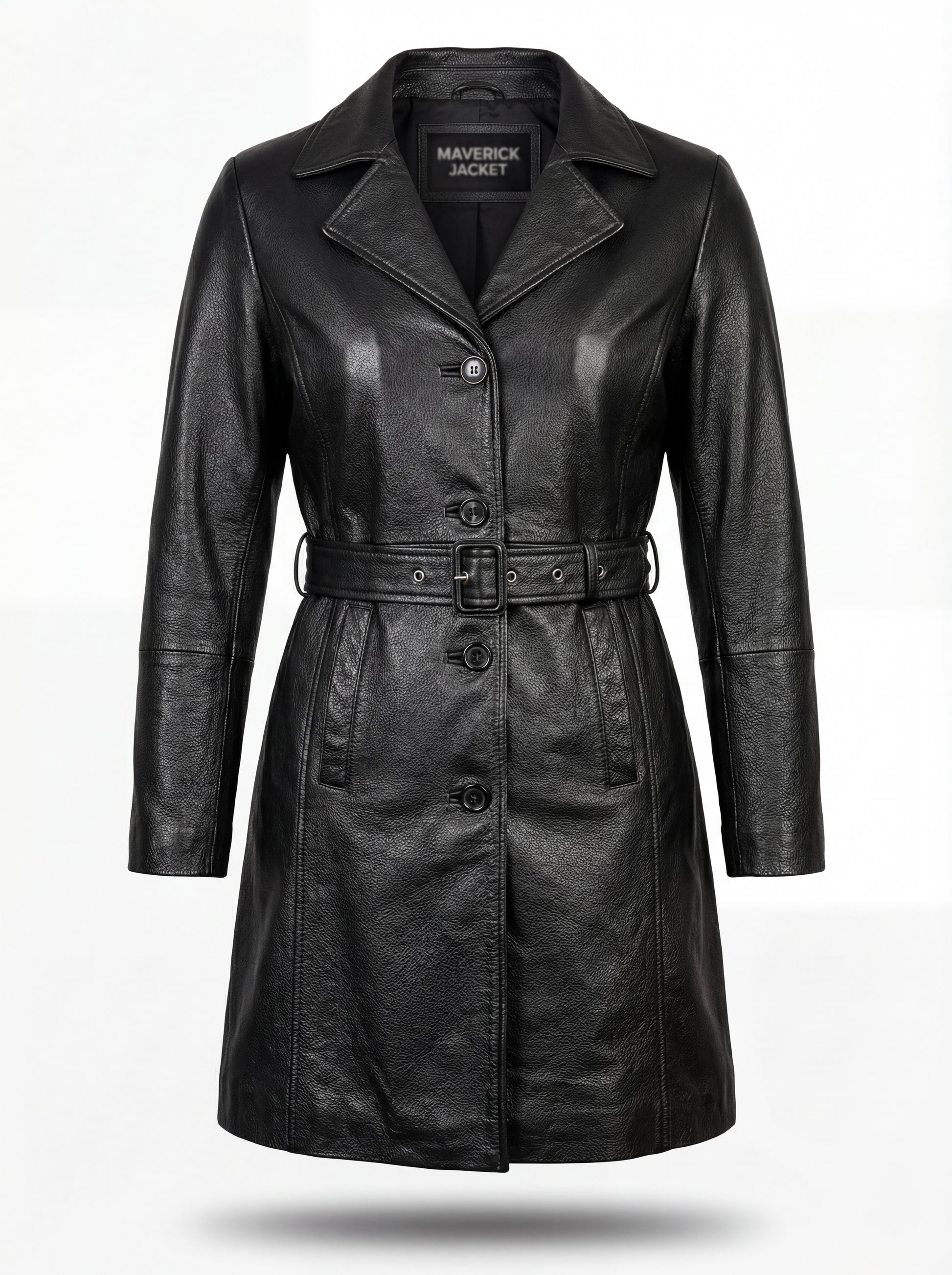 Women's black leather trench coat with belted waist and notched lapels, Front View. Maverick Kensington.