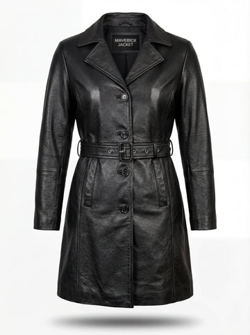 Women's black leather trench coat with belted waist and notched lapels, Front View. Maverick Kensington.