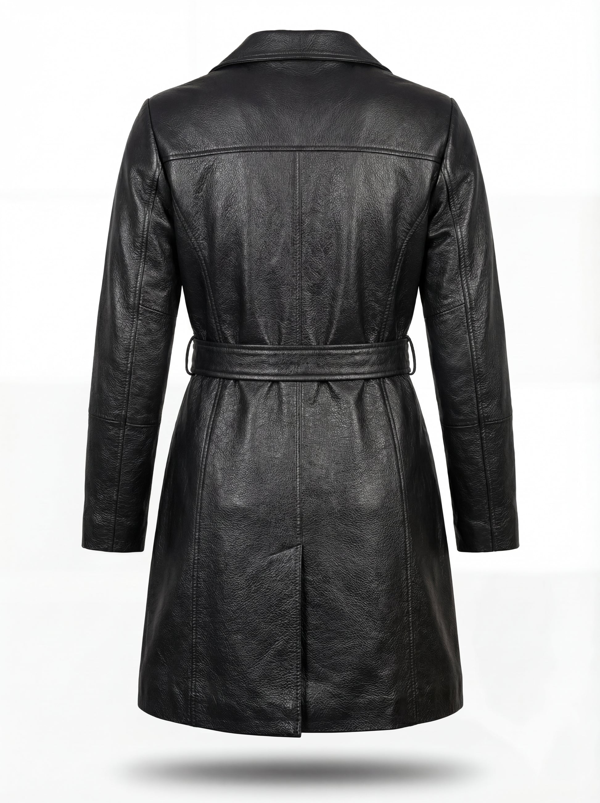 Rear view of black leather trench coat showing horizontal yoke seam and center hem vent. Maverick Kensington.