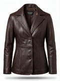 Women's brown leather trench coat with notch lapels and three-button front closure, Front View. Maverick Belgravia.