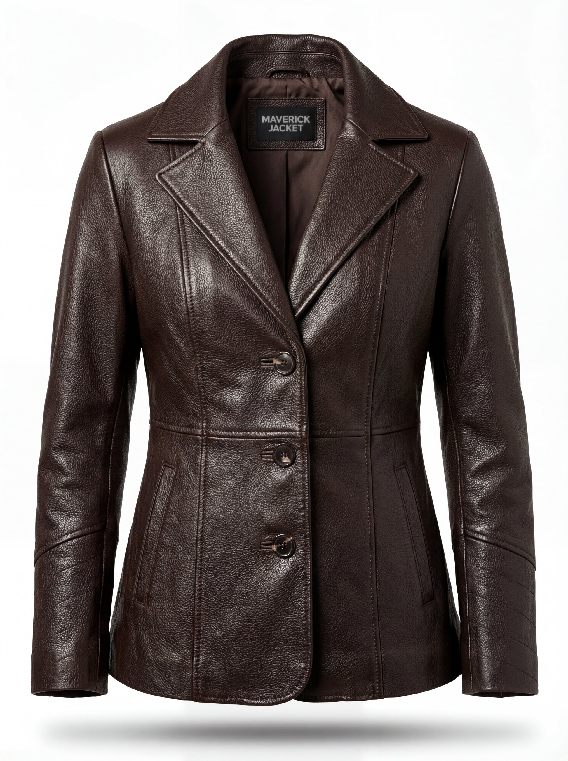 Women's brown leather trench coat with notch lapels and three-button front closure, Front View. Maverick Belgravia.