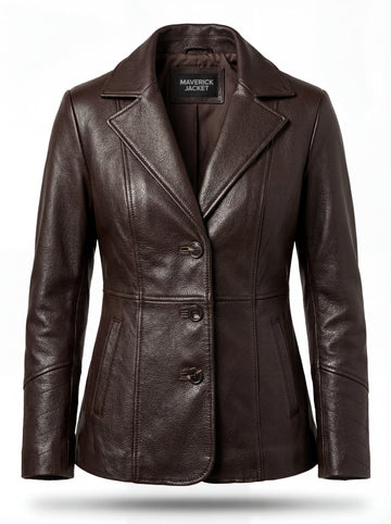 Women's brown leather trench coat with notch lapels and three-button front closure, Front View. Maverick Belgravia.