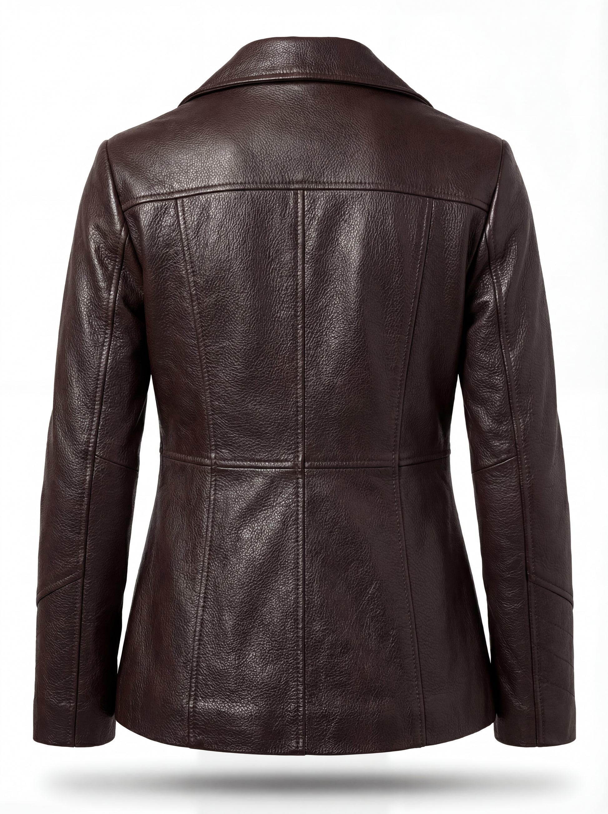 Rear view of brown leather trench coat showing structured yoke and vertical princess seams. Maverick Belgravia.