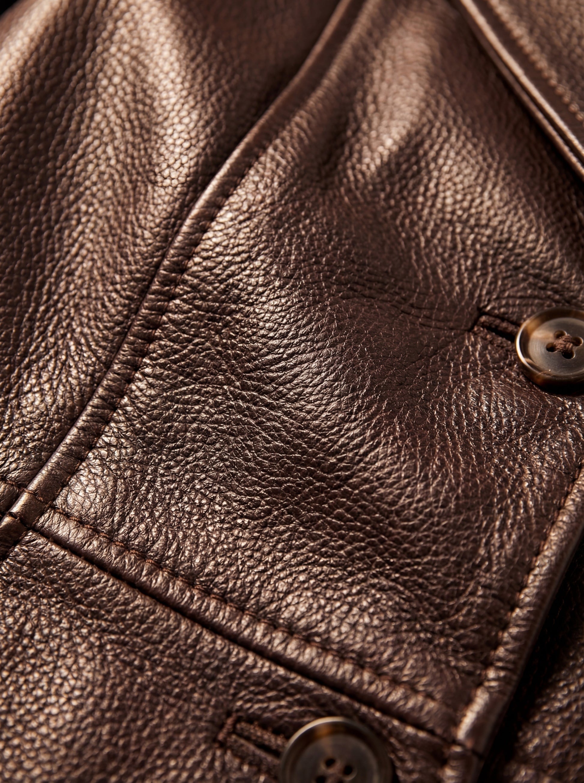 Macro shot of pebbled brown leather texture and tortoise-shell button hardware on trench coat. Maverick Belgravia.
