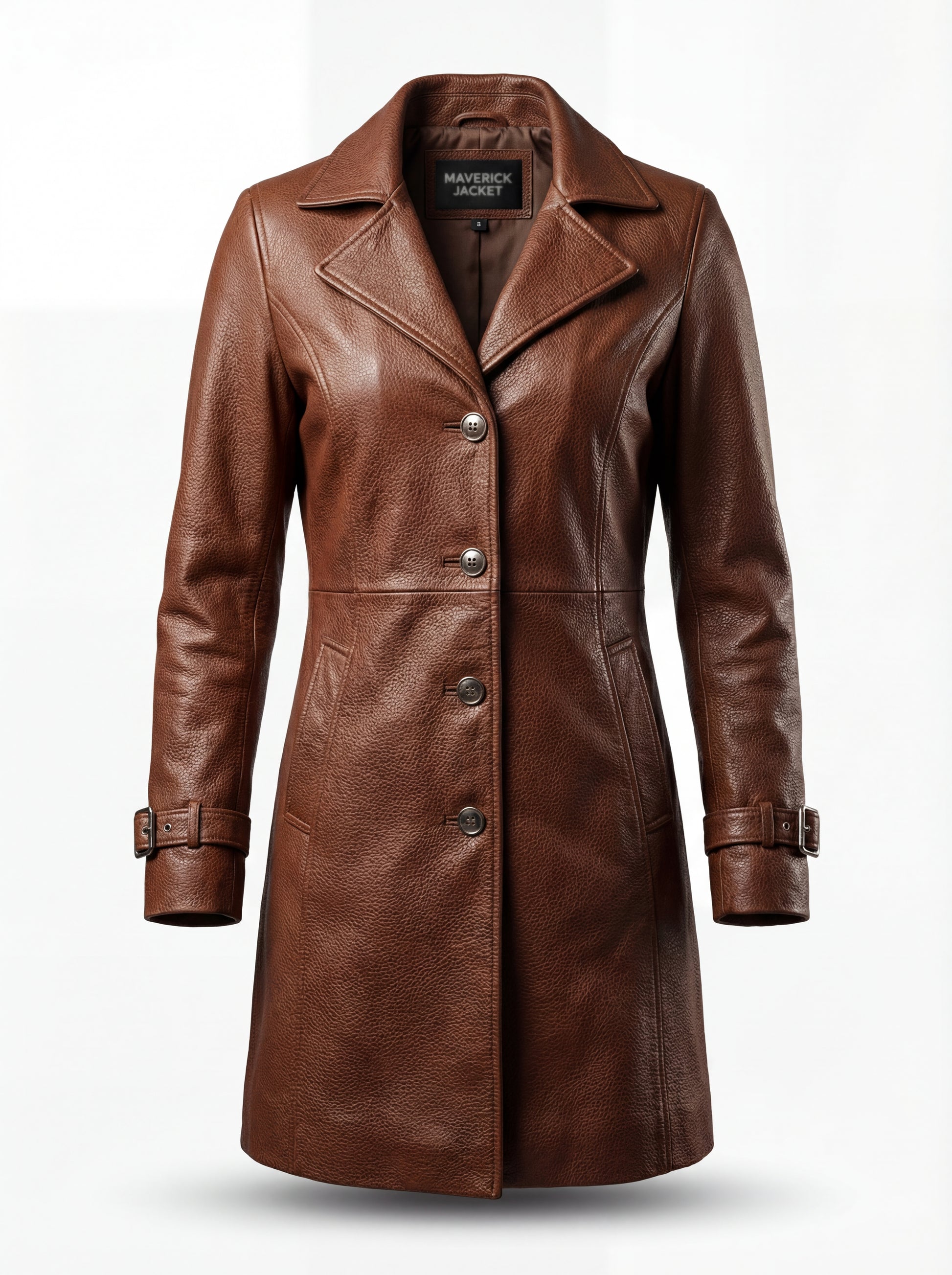 Women's cognac leather walker coat with button-front closure and pointed lapels, Front View. The York by Maverick Jacket.