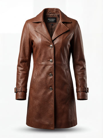 Women's cognac leather walker coat with button-front closure and pointed lapels, Front View. The York by Maverick Jacket.
