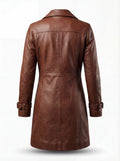 Rear view of cognac leather walker coat showing structured princess seams and clean vented hem. The York by Maverick Jacket.