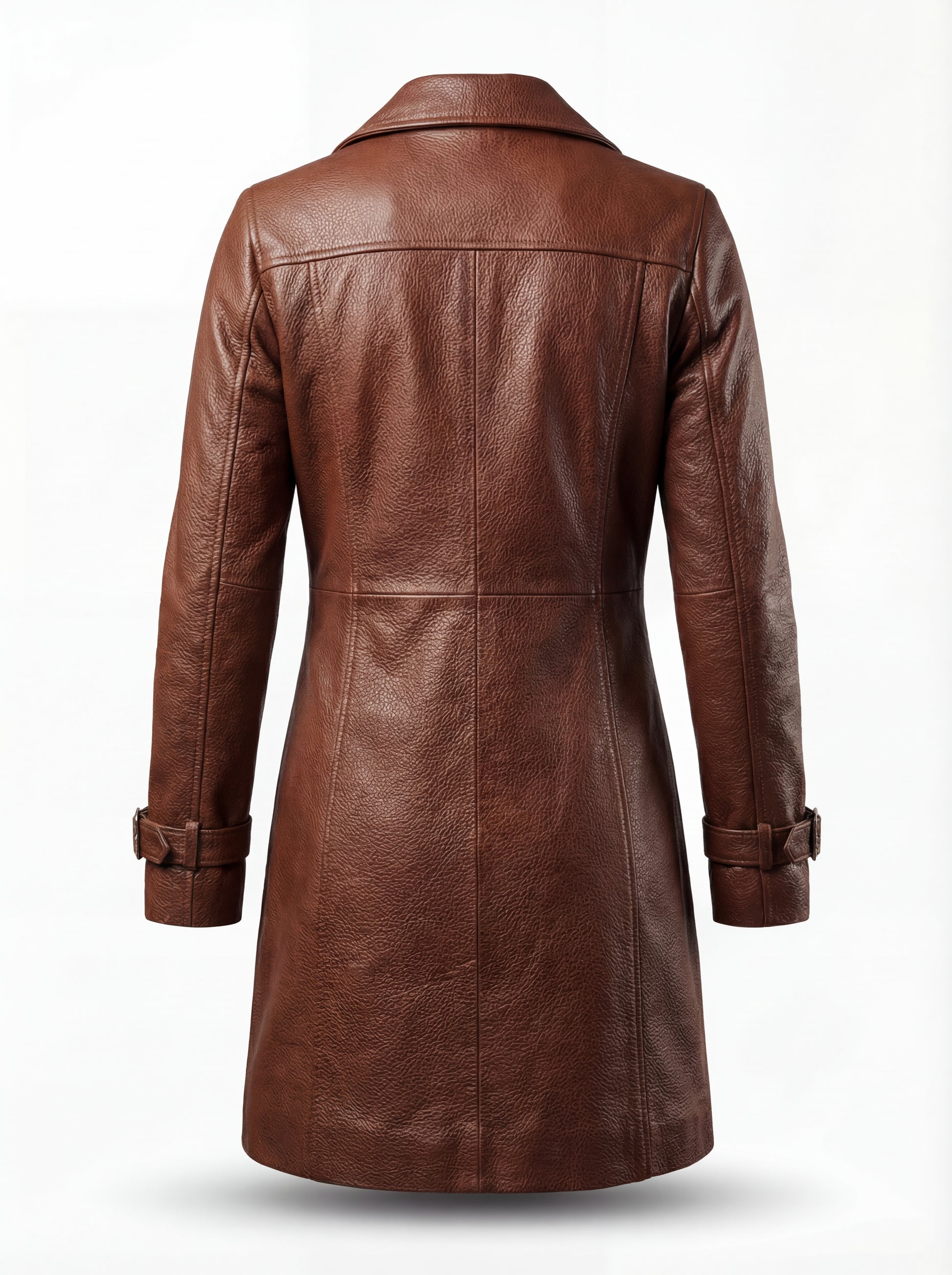 Rear view of cognac leather walker coat showing structured princess seams and clean vented hem. The York by Maverick Jacket.