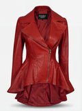 Women's red leather peplum coat with asymmetric zipper closure and high-low flared hem, Front View. Maverick Valencia.