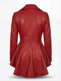 Rear view of red leather peplum coat showing fitted waist paneling and pleated skirt flare. Maverick Valencia.