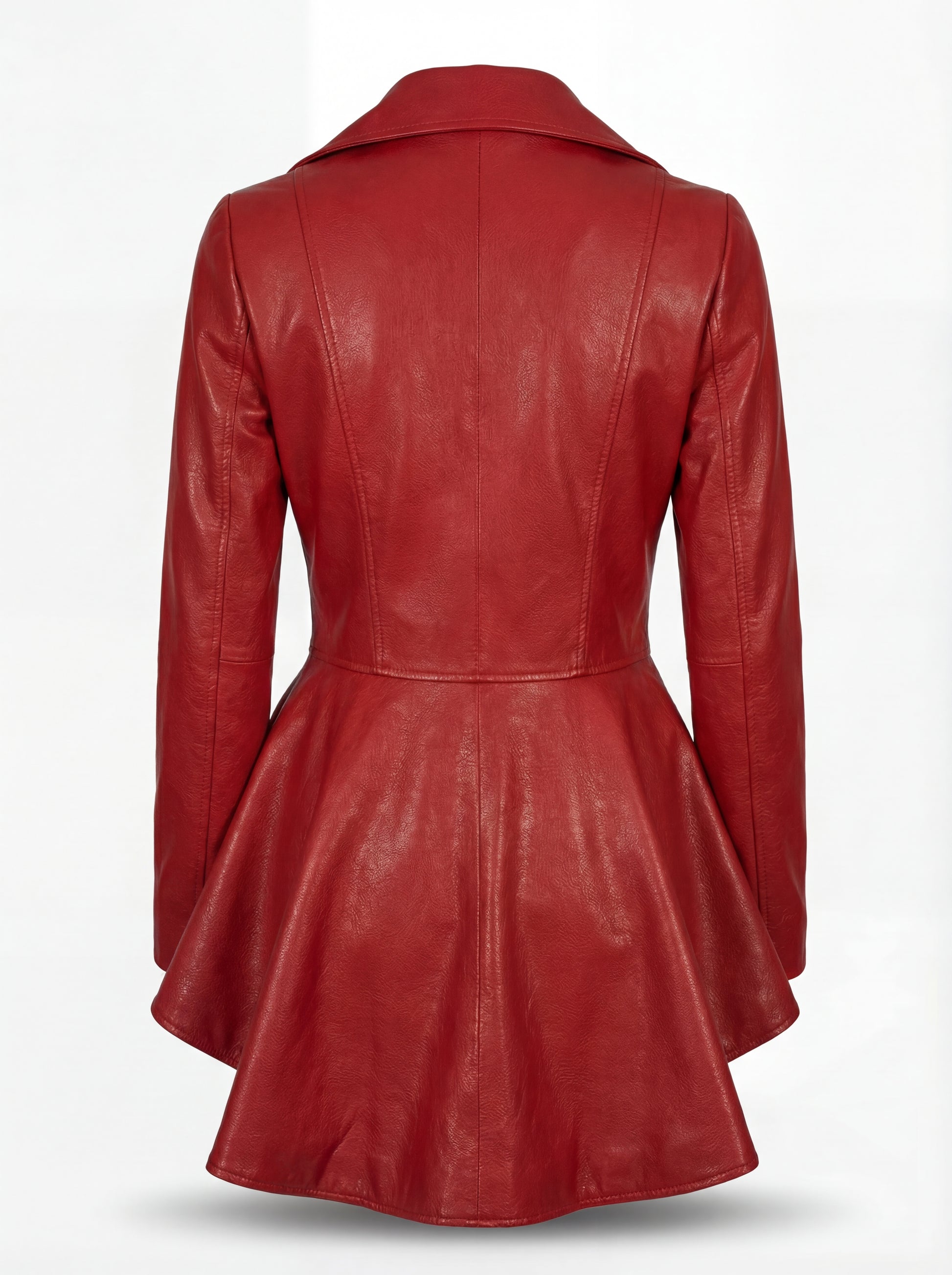 Rear view of red leather peplum coat showing fitted waist paneling and pleated skirt flare. Maverick Valencia.
